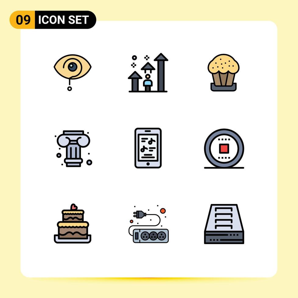 9 interface do usuário pacote de cores planas de linha cheia de sinais e símbolos modernos da coluna do filme arte do progresso comida editável elementos de design vetorial vetor