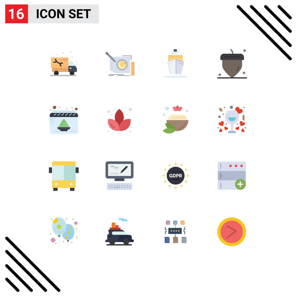 conjunto moderno de 16 cores planas e símbolos, como calendário, página de carvalho, bolota, transporte, pacote editável de elementos de design de vetores criativos