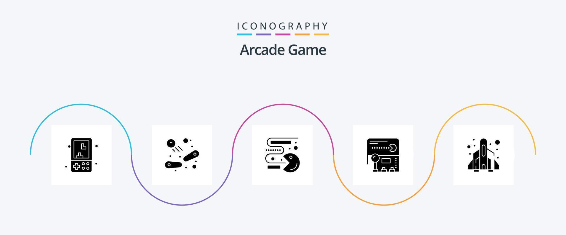 Pacote de ícones Arcade Glyph 5, incluindo foguete. Diversão. Toque. pacman. Toque vetor