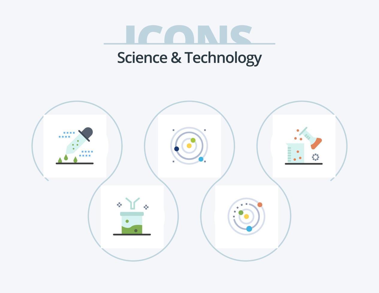 ciência e tecnologia plana icon pack 5 design de ícone. laboratório de ciências. ciência química. conta-gotas de pipeta. esfera. planetas orbitando vetor
