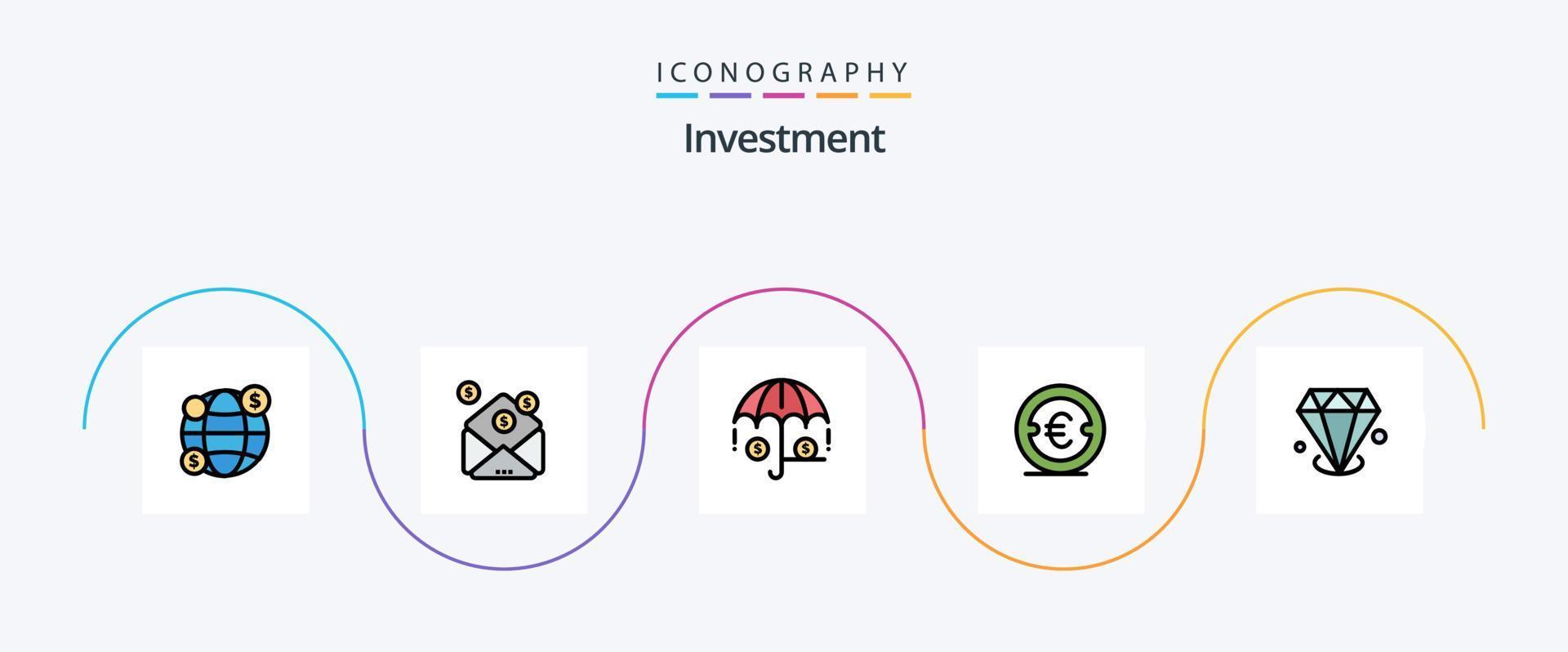 linha de investimento cheia de pacote de ícones de 5 planos, incluindo investimento. diamonf. seguro. dinheiro. finança vetor