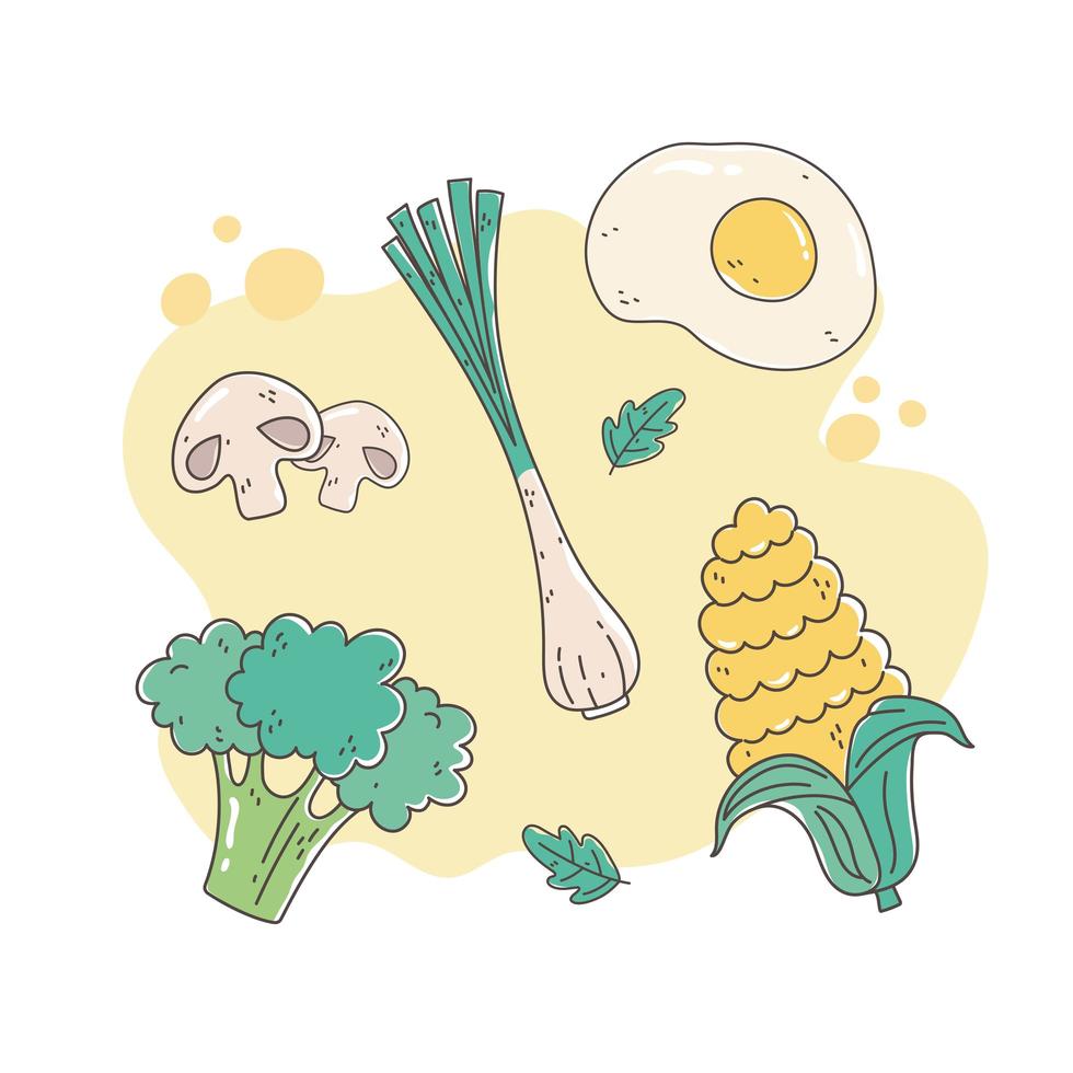 comida saudável nutrição dieta orgânica ovo frito cebola brócolis milho cogumelo vetor