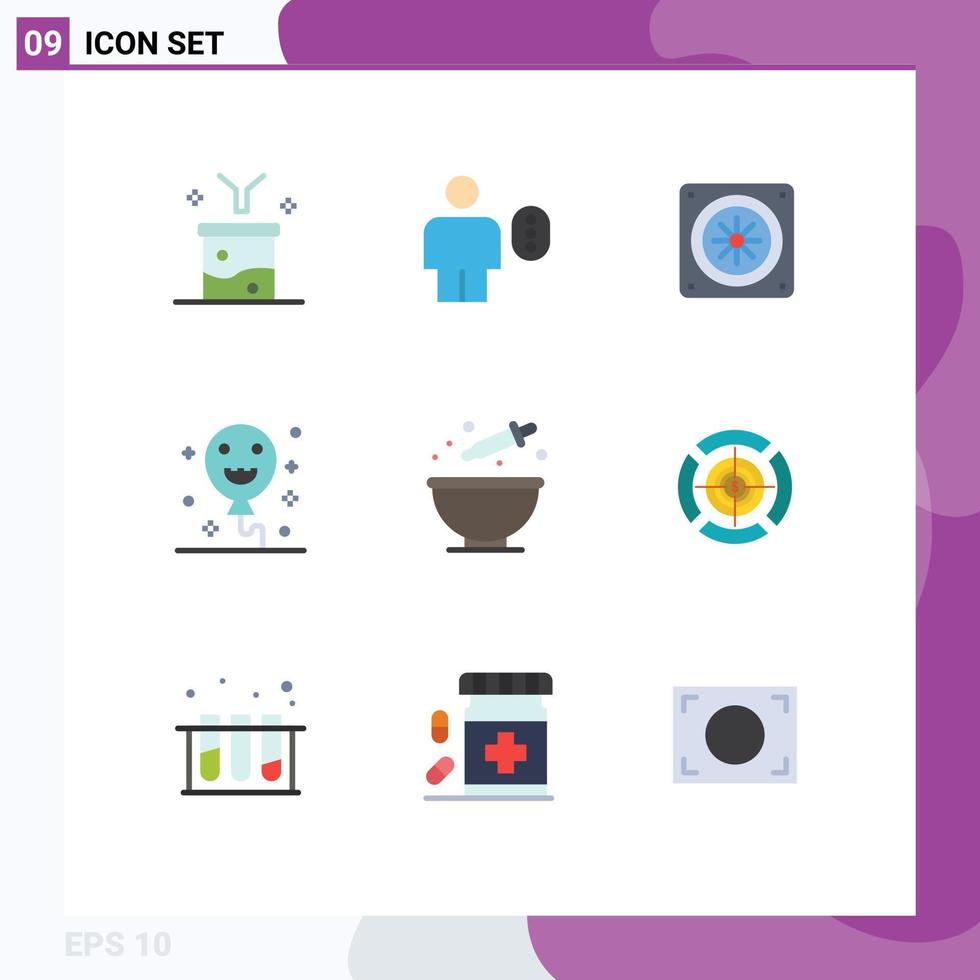 conjunto de cores planas de interface móvel de 9 pictogramas de elementos de design de vetores editáveis de fã de halloween humano de férias para colorir