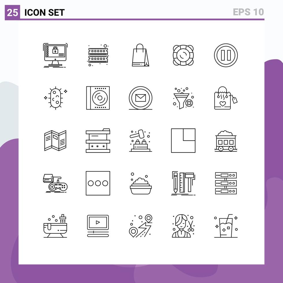 Pacote de linha de interface de usuário 25 de sinais e símbolos modernos de música float ram suporte proteção elementos de design de vetores editáveis