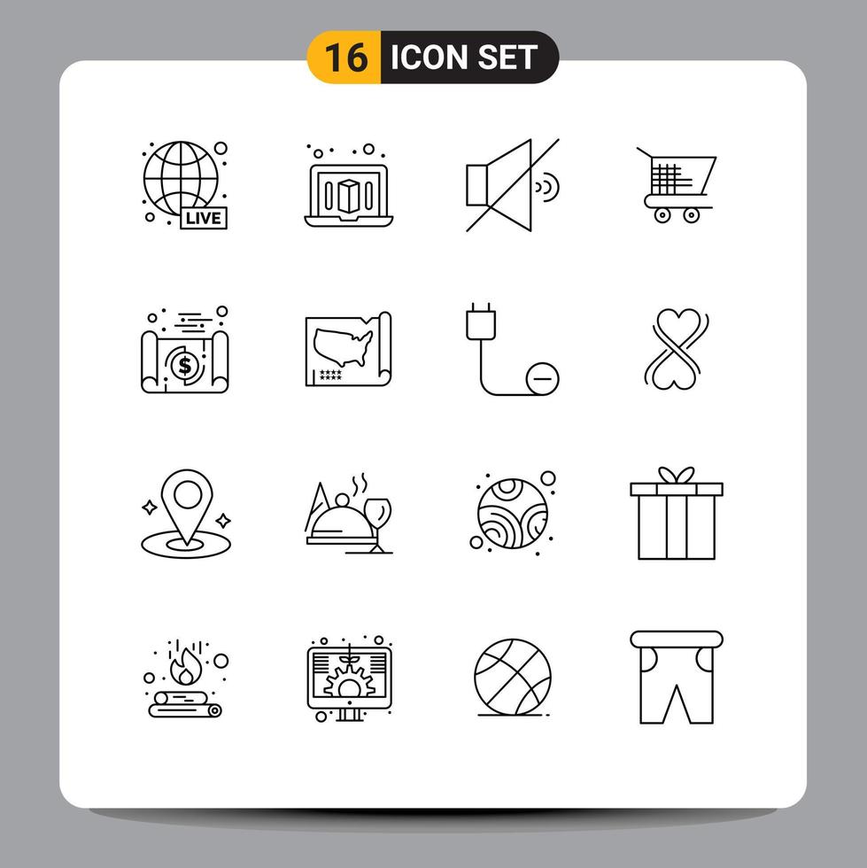 pacote de esboço de 16 símbolos universais do mapa, volume, economia, bancário, elementos de design de vetores editáveis