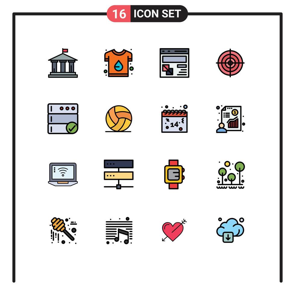 pacote de 16 sinais e símbolos modernos de linhas cheias de cores planas para mídia impressa na web, como página de destino de camiseta de objetivo de círculo editável elementos de design de vetor criativo