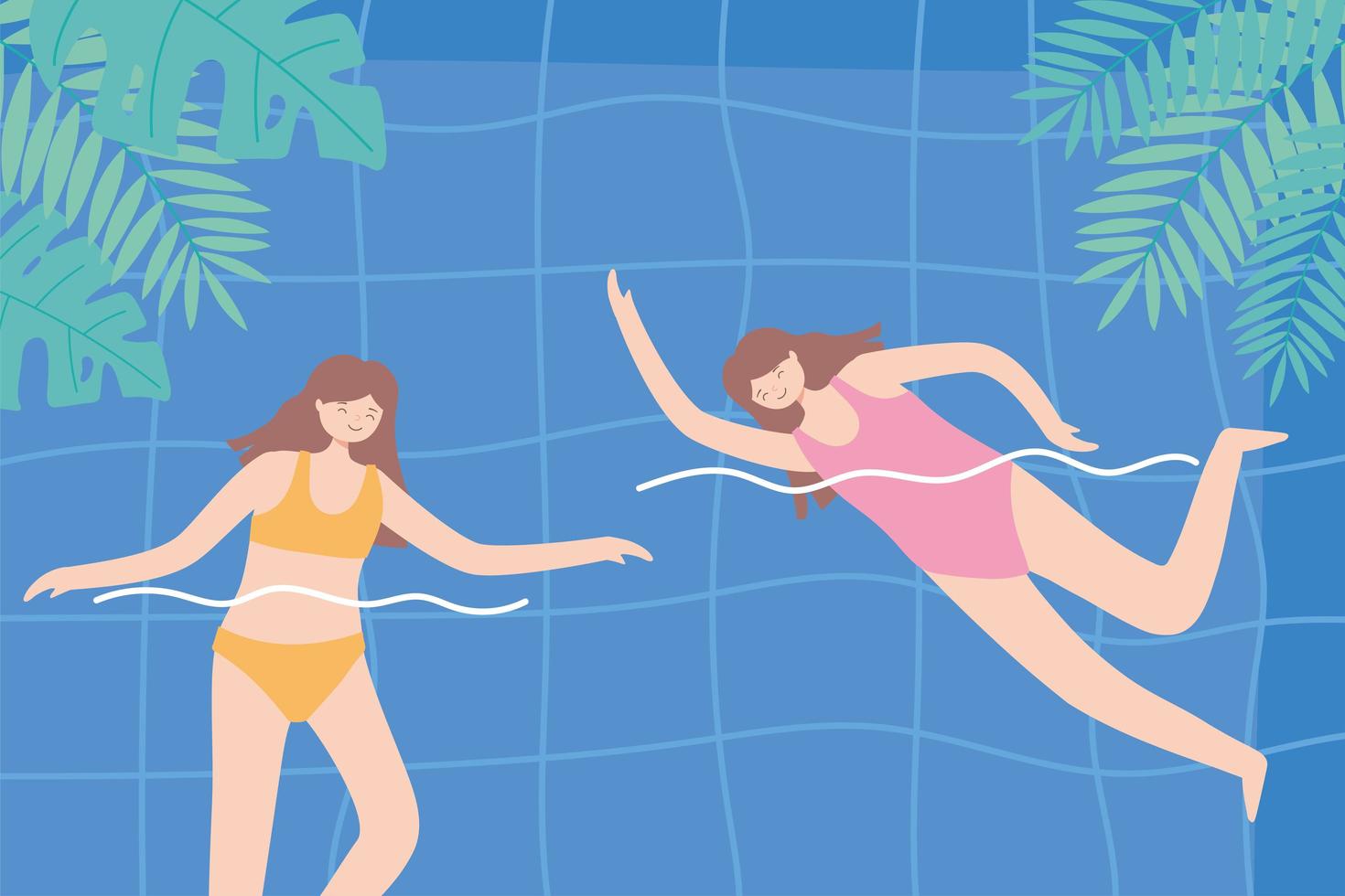 mulheres nadando na piscina folhagem deixa lazer vetor