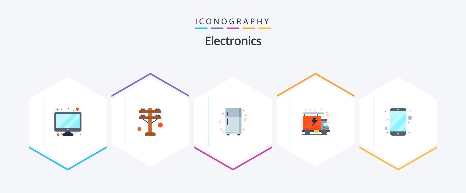 pacote de ícones planos de 25 eletrônicos, incluindo . eletrônico. frigorífico. telefone. celular vetor