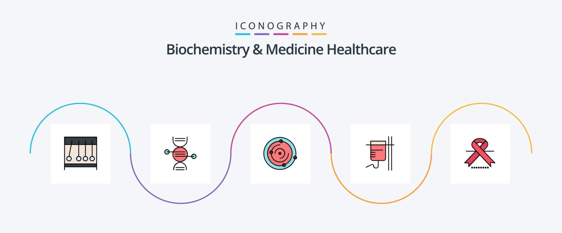linha de saúde de bioquímica e medicina preenchida com 5 ícones planos, incluindo oncologia. transfusão. espaço. reidratação. cuidados de saúde vetor