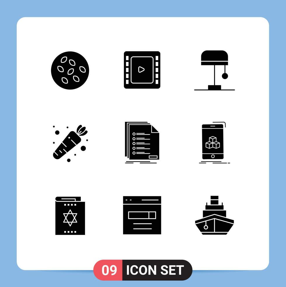 conjunto de glifos sólidos de interface móvel de 9 pictogramas de lista de registro arquivamento de lâmpadas elementos de design de vetores editáveis de vegetais