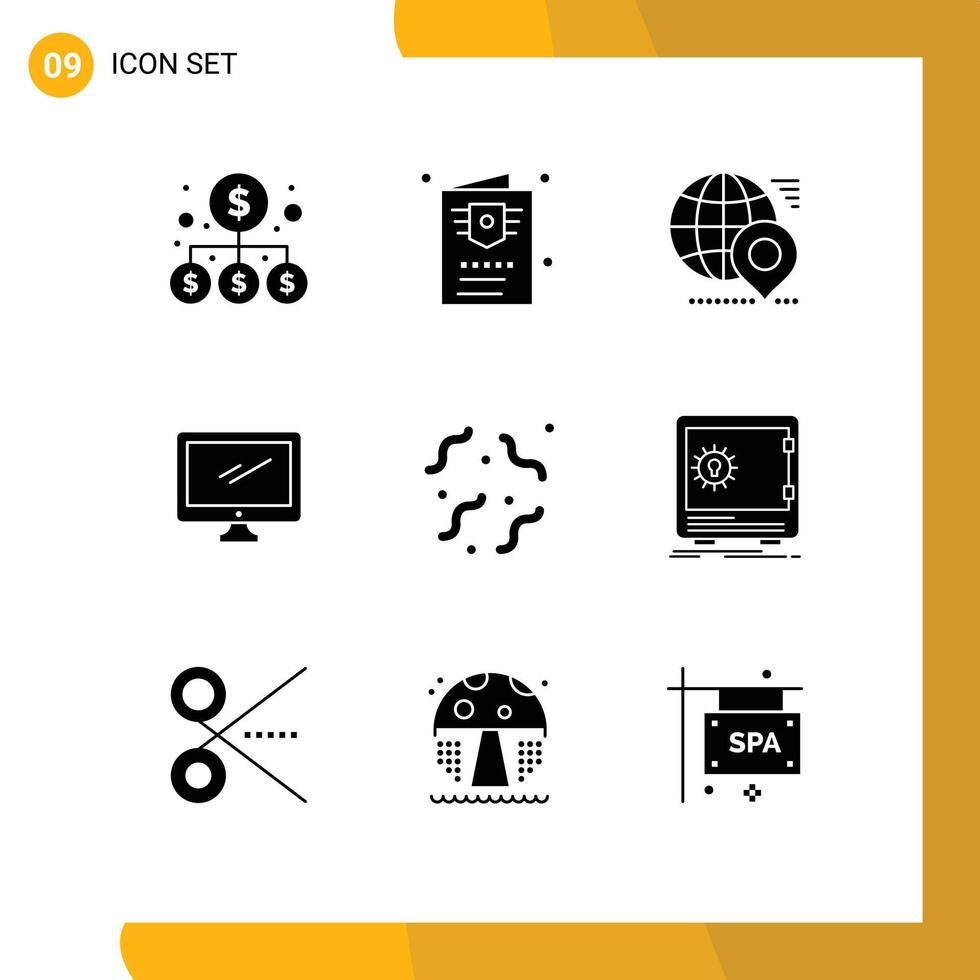 pacote de 9 sinais e símbolos de glifos sólidos modernos para mídia de impressão na web, como dispositivo de pc, globo, monitor, localização, elementos de design vetorial editáveis vetor