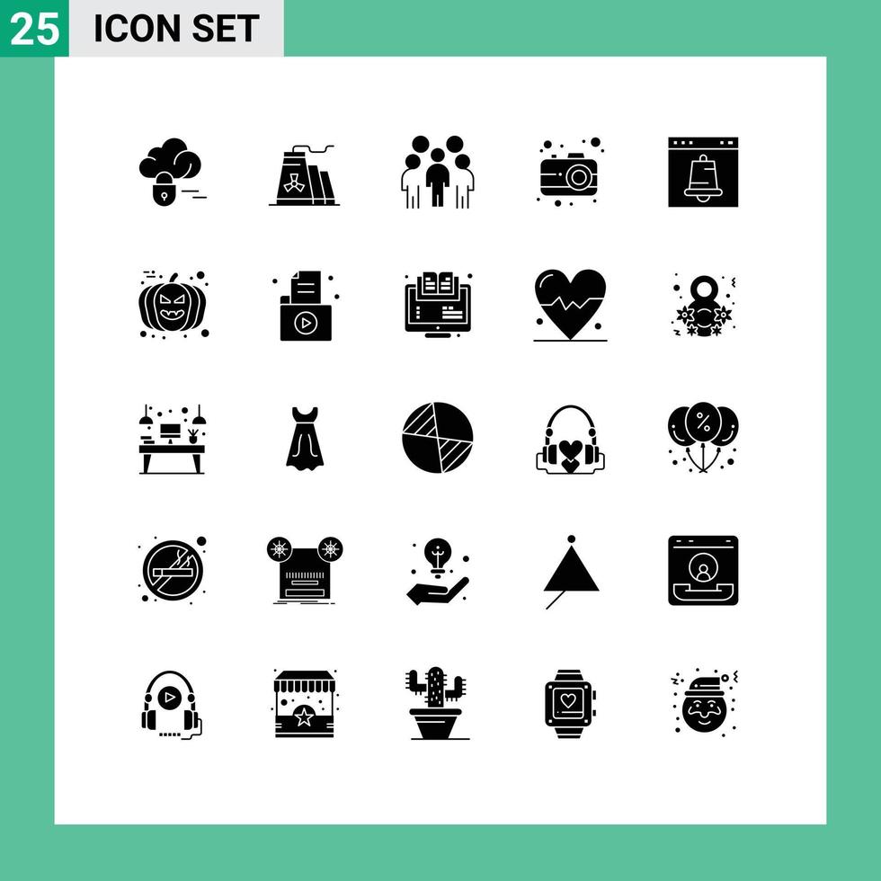 pacote de interface do usuário de 25 glifos sólidos básicos do líder de alarme do navegador elementos de design de vetores editáveis da câmera do usuário