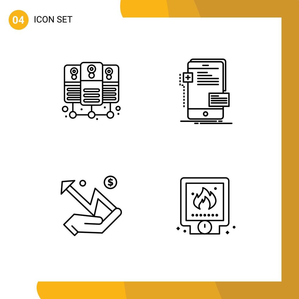 4 cores planas de linhas preenchidas universais definidas para aplicativos móveis e da Web, servidor de banco de dados, gráfico de front-end, estatísticas de telefone, elementos de design de vetores editáveis