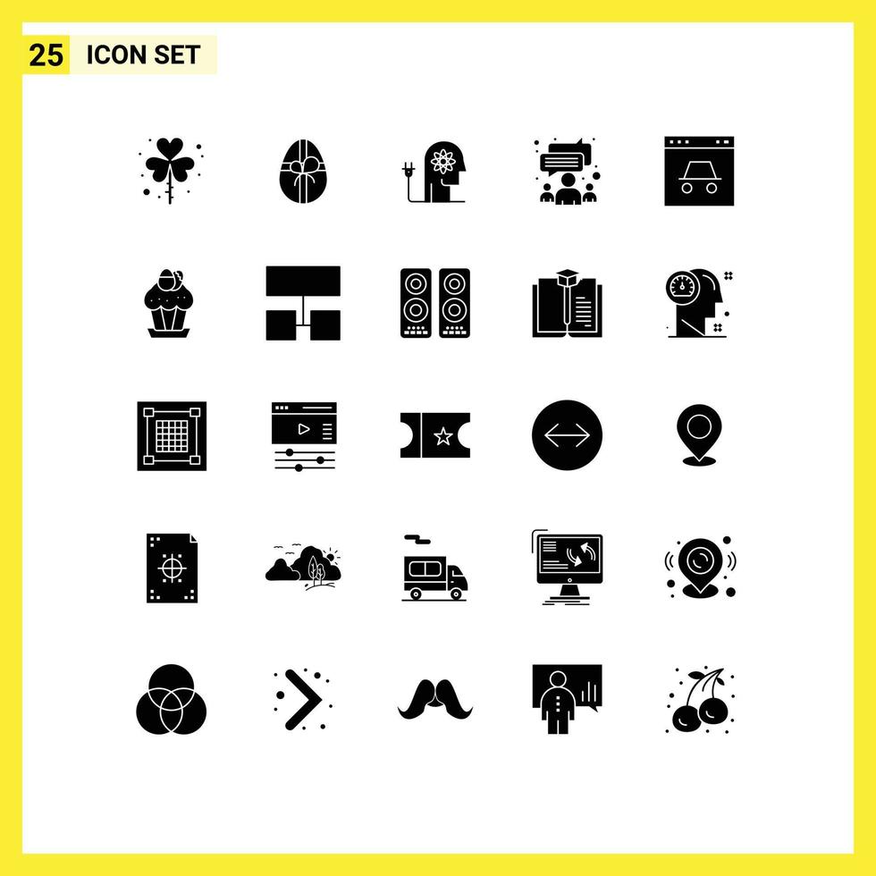 conjunto moderno de 25 glifos e símbolos sólidos, como reunião de hackers, impulsionando elementos de design de vetores editáveis de mente de grupo