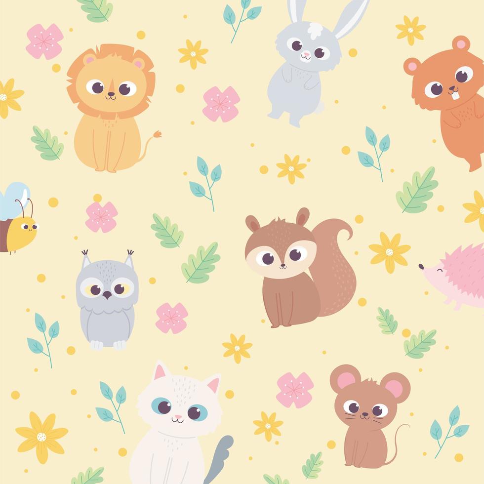 animais bonitos dos desenhos animados, leãozinho selvagem, esquilo, urso, guaxinim, gato, flores, folhagem, fundo vetor