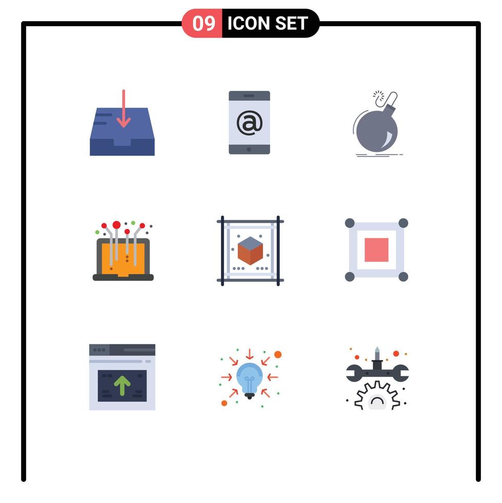 pacote de interface do usuário de 9 cores planas básicas de elementos de design de vetores editáveis de sistema de perigo de cubo de papel para laptop