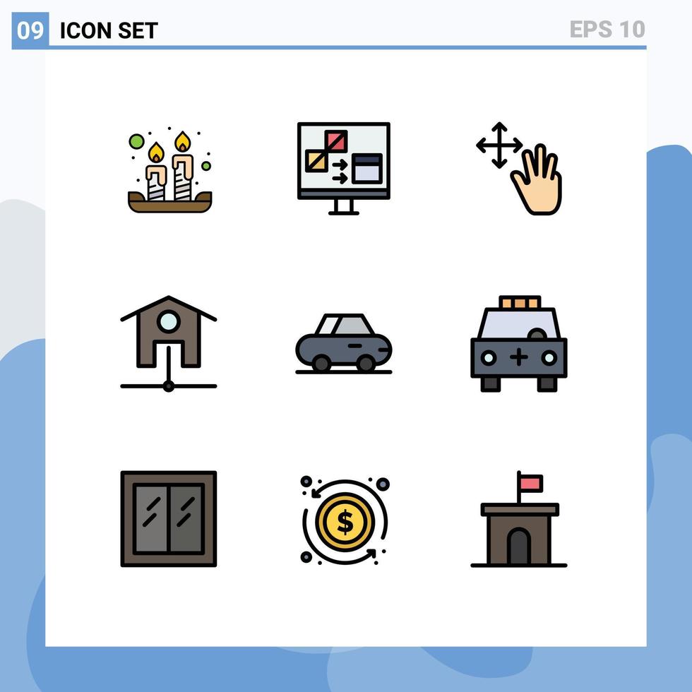 pacote de 9 sinais e símbolos modernos de cores planas de linha preenchida para mídia impressa na web, como roadster wi-fi desenvolvimento casa inteligente mantenha elementos de design vetorial editáveis vetor