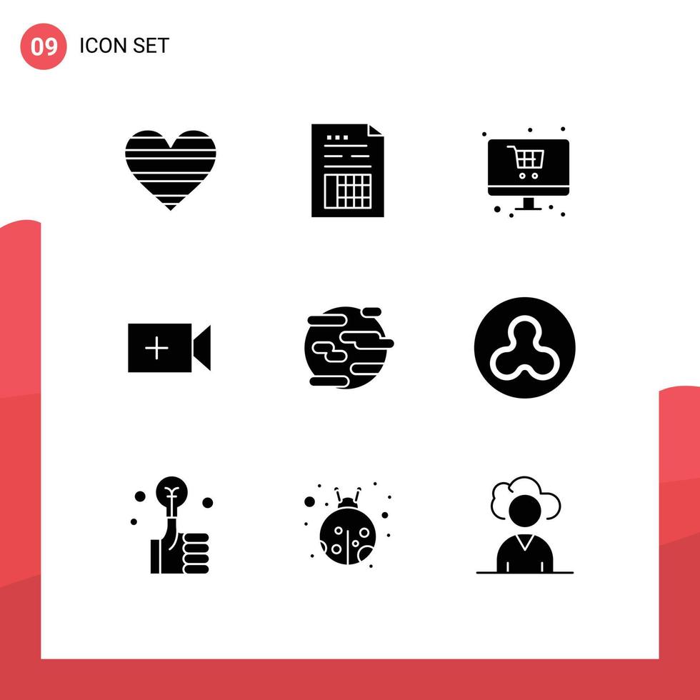 9 ícones criativos, sinais modernos e símbolos do ambiente, arquivo de câmera, locadora de vídeo, elementos de design de vetores editáveis