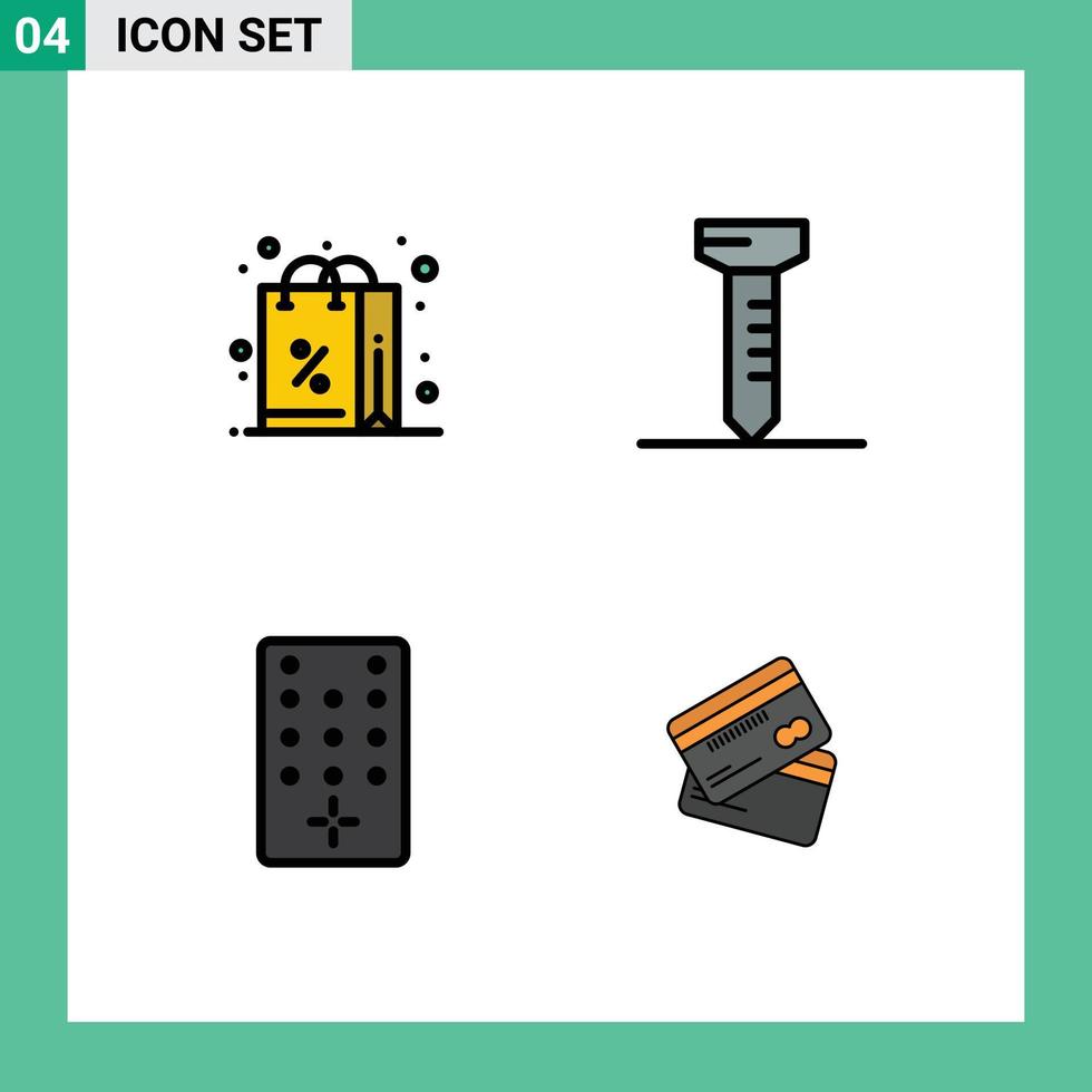 conjunto de pictogramas de 4 cores planas de linha preenchida simples de cartões de controle de compras com cartão de crédito com desconto elementos de design vetorial editáveis vetor