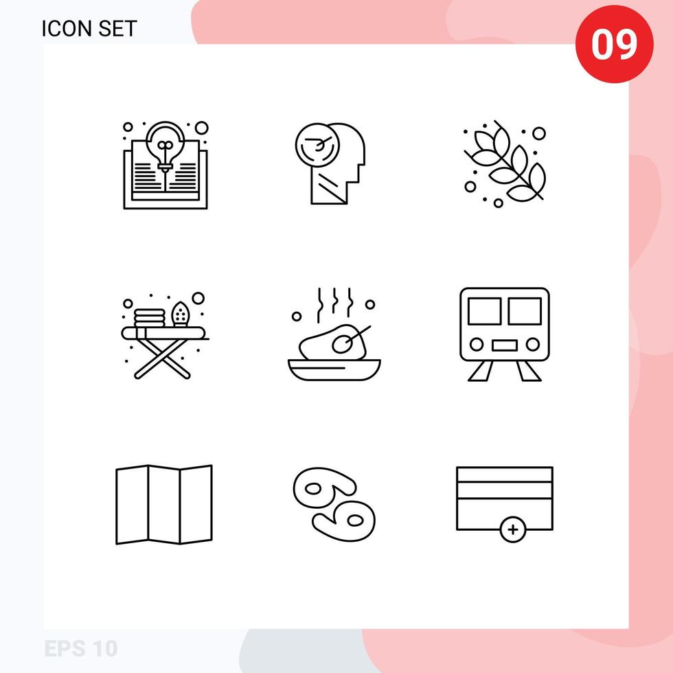 9 contornos vetoriais temáticos e símbolos editáveis de ferramentas de engomar de velocidade de frango de comida tábua de engomar elementos de design vetorial editáveis vetor