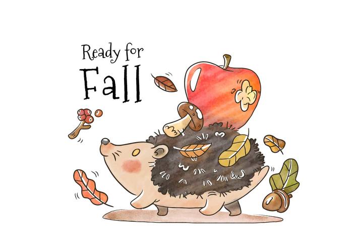 Hedgehog bonito que anda com folhas de outono, cogumelo e maçã vermelha vetor