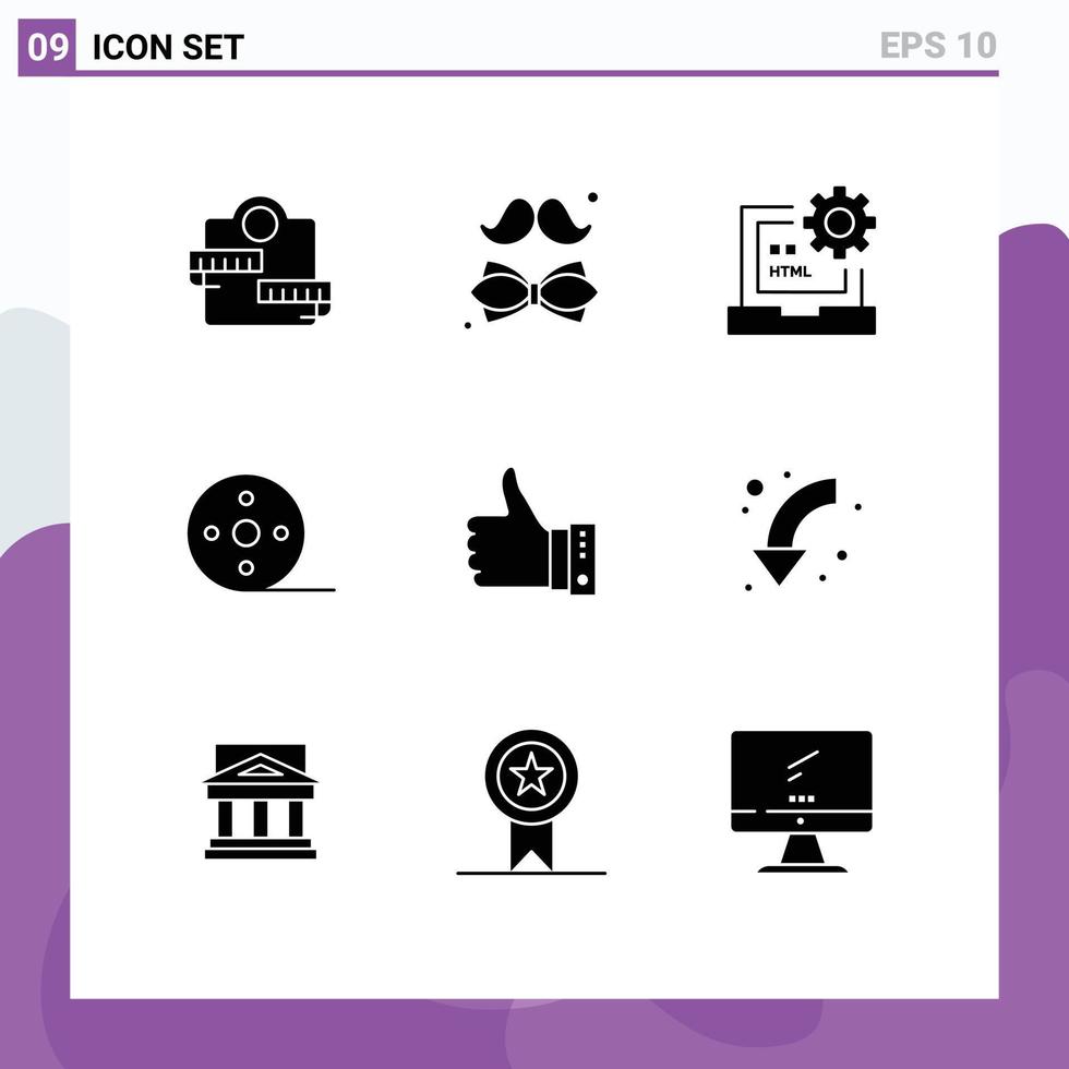 conjunto moderno de 9 glifos e símbolos sólidos, como elementos de design de vetores editáveis de desenvolvimento de álbum de dia de filme de carretel