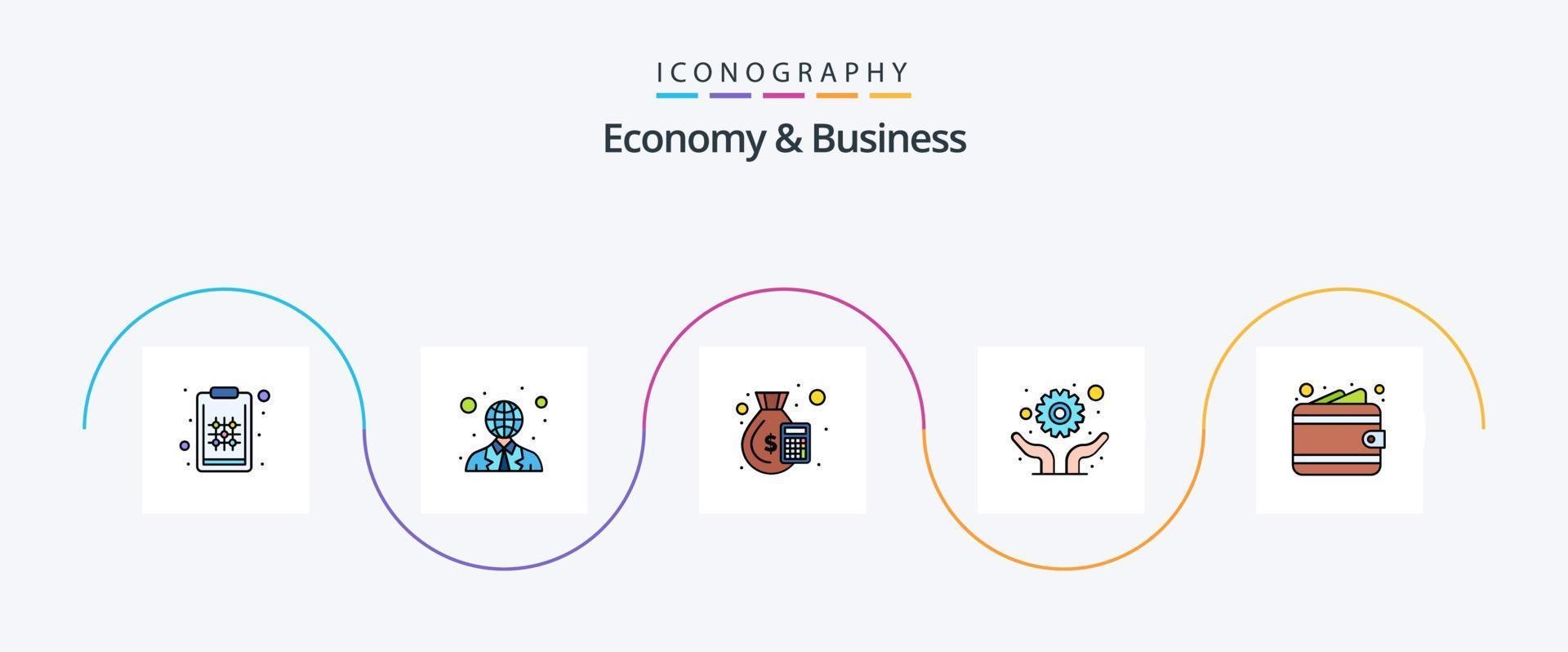 economia e linha de negócios preenchida com 5 ícones planos, incluindo dinheiro. solução. saco. reparar. desenvolvimento vetor