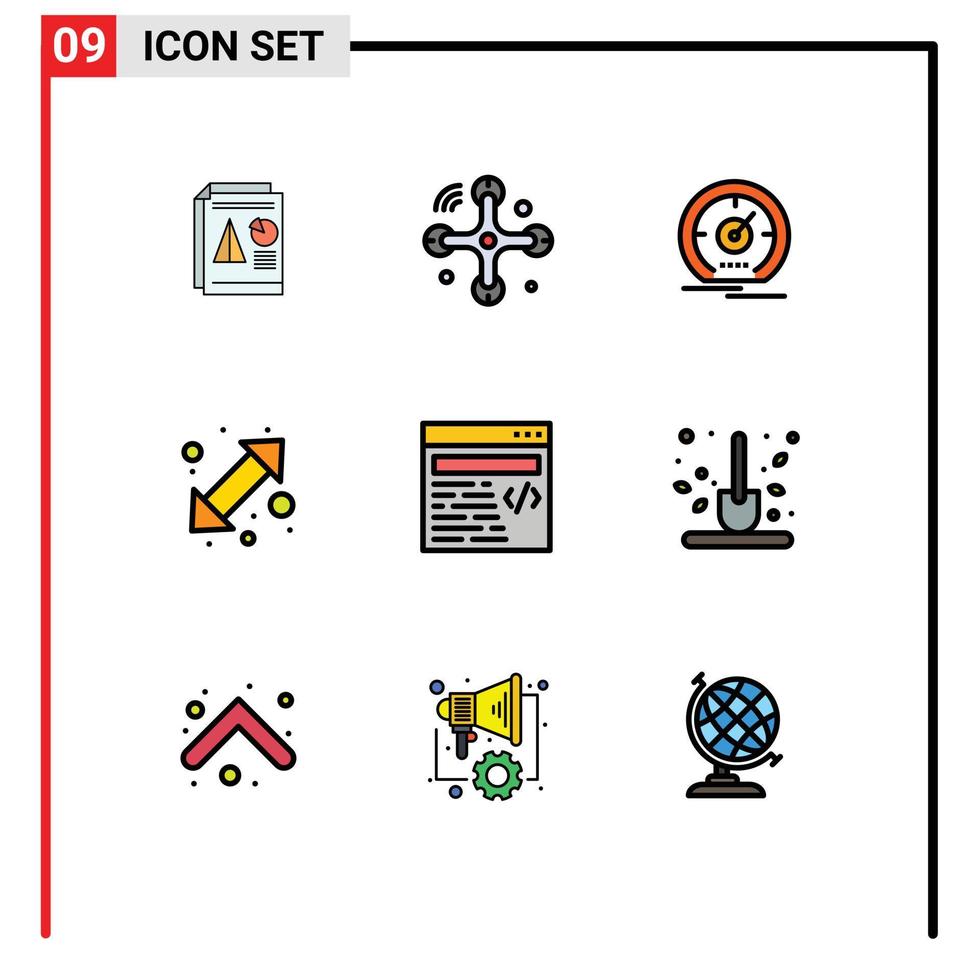 pacote de 9 sinais e símbolos modernos de cores planas de linha preenchida para mídia de impressão na web, como para cima, para baixo, vá para a internet das coisas, velocidade da seta, elementos de design de vetores editáveis