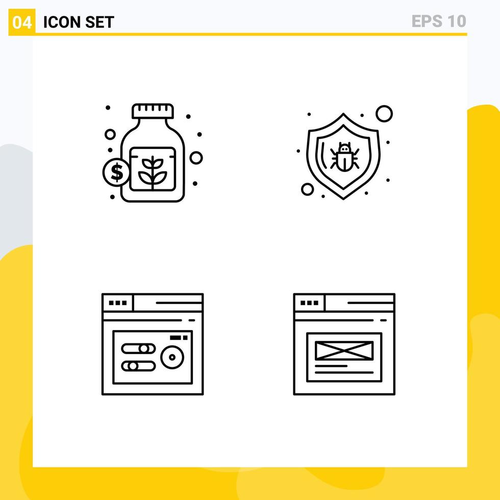 conjunto moderno de 4 cores e símbolos planos de linha preenchida, como economia de desempenho de moeda, protege elementos de design de vetores editáveis na web
