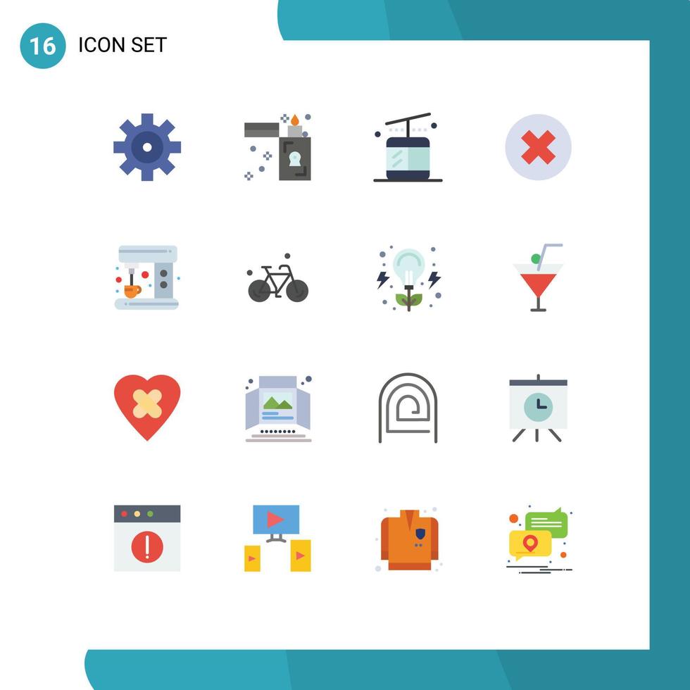pacote de cores planas de 16 símbolos universais de máquina de bicicleta pacote editável de multimídia de café regular de elementos de design de vetores criativos