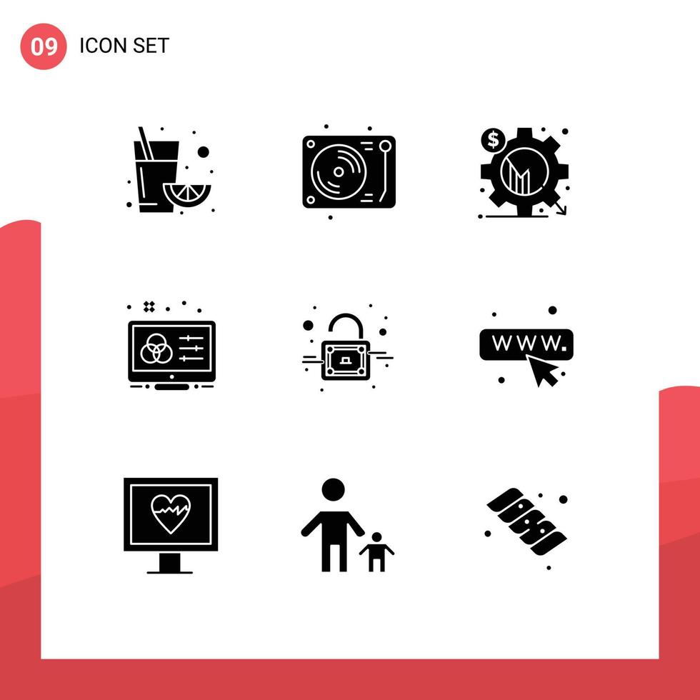 conjunto de 9 sinais de símbolos de ícones de interface do usuário modernos para esquema de cores de negócios de controle de bloqueio criativo elementos de design de vetores editáveis