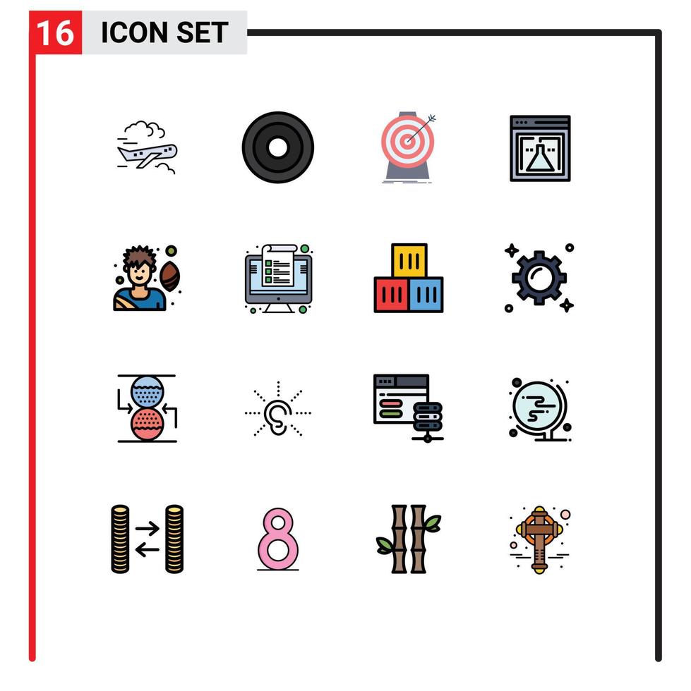 pacote de ícones vetoriais de estoque de 16 sinais e símbolos de linha para laboratório de objetivo de pesquisa de jogadores de rugby visando elementos de design de vetores criativos editáveis
