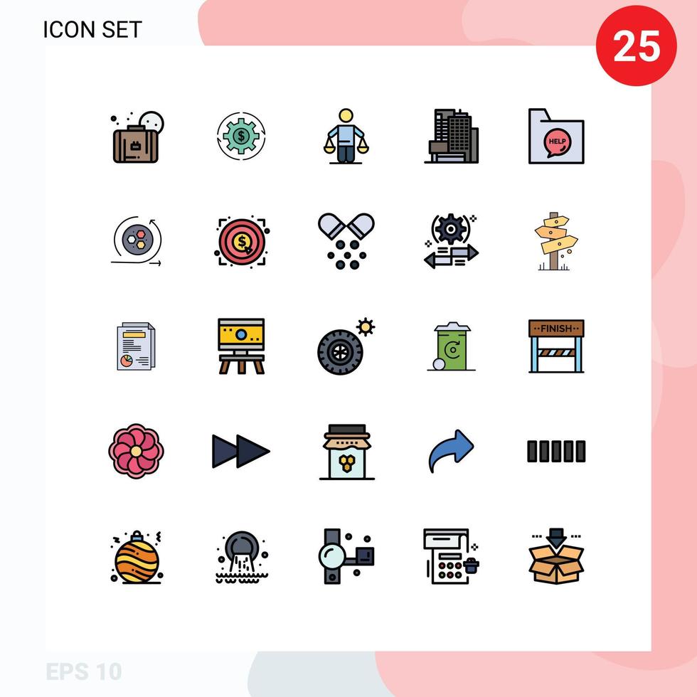 conjunto de cores planas de linha preenchida de interface móvel de 25 pictogramas de direito comercial, conclusão de julgamento, elementos de design de vetores editáveis