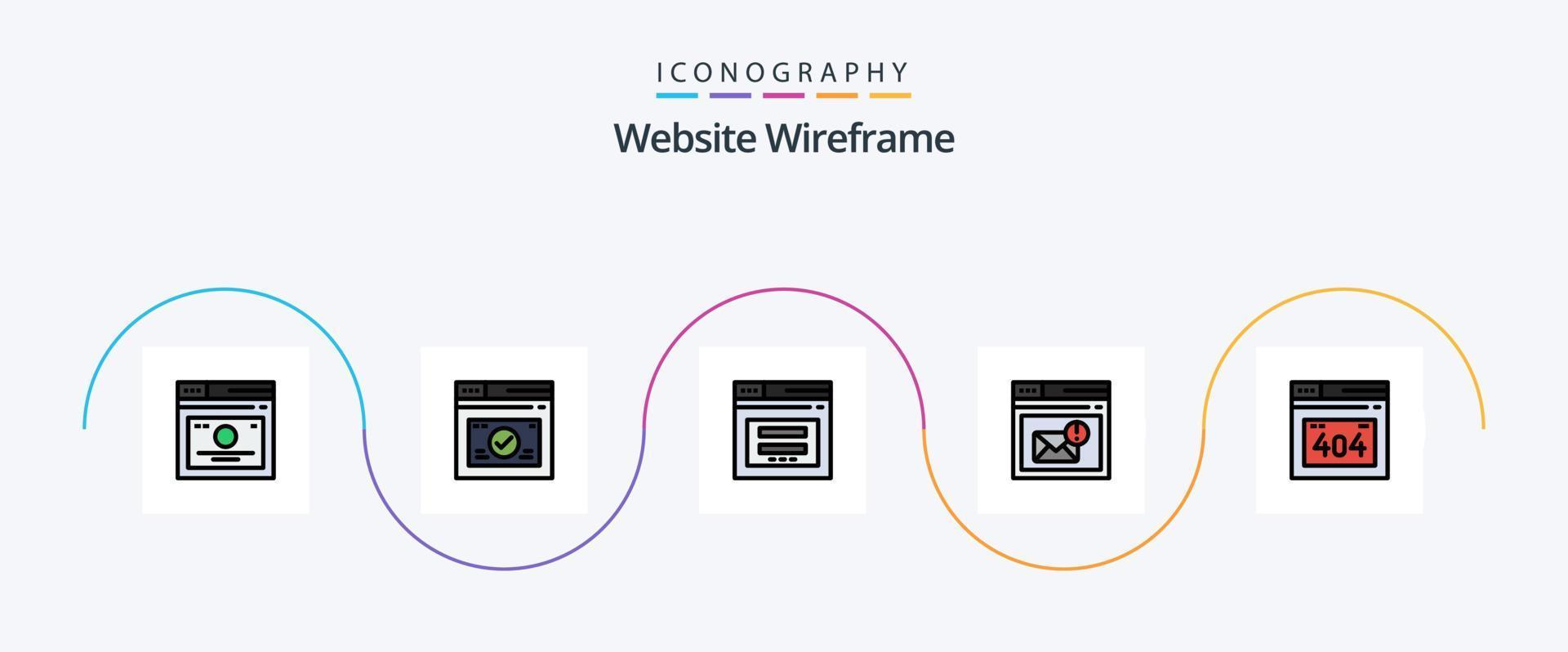 linha de wireframe do site preenchida com 5 ícones planos, incluindo página. caixa de entrada. local na rede Internet. navegador. local na rede Internet vetor