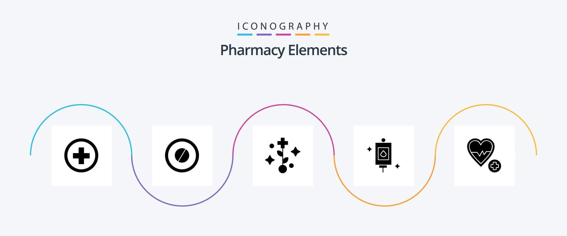 Pacote de ícones de glifo 5 de elementos de farmácia, incluindo tratamento. médico. tábua. saco . árvore vetor