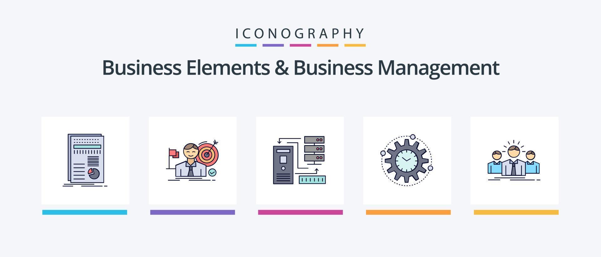 elementos de negócios e linha de gerenciamento de negócios preencheram o pacote de 5 ícones, incluindo a ideia. computador portátil. potência. tecnologia. compartilhamento. design de ícones criativos vetor