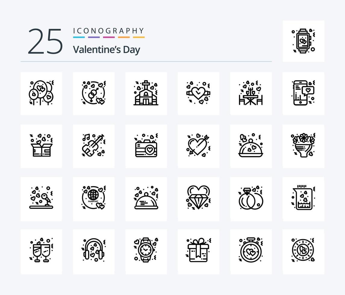 Dia dos Namorados 25 pacote de ícones de linha, incluindo mesa. restaurante. igreja. jantar. namorados vetor