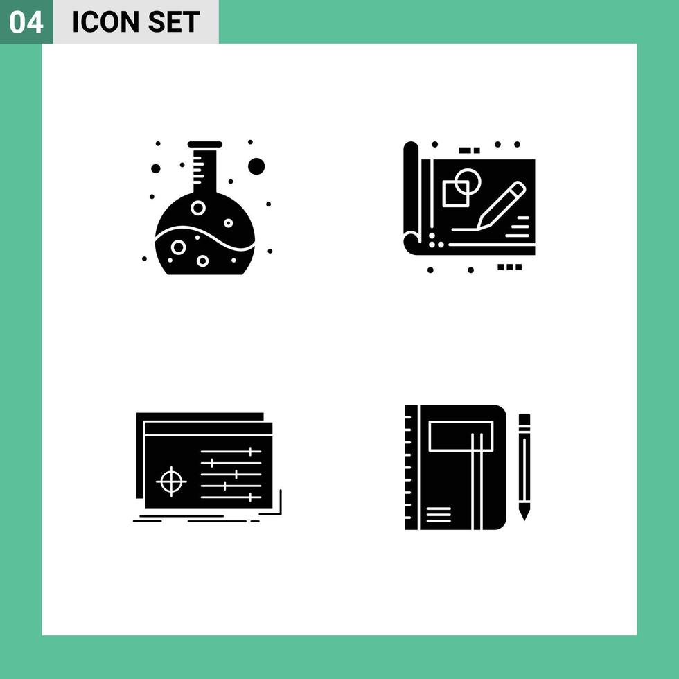 pacote de glifos sólidos de 4 símbolos universais de objetos de química configurações de desenho de impressão azul elementos de design de vetores editáveis