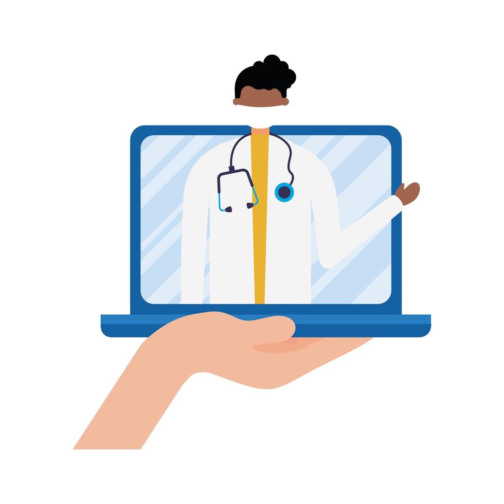 médico masculino online com máscara em desenho vetorial de laptop vetor