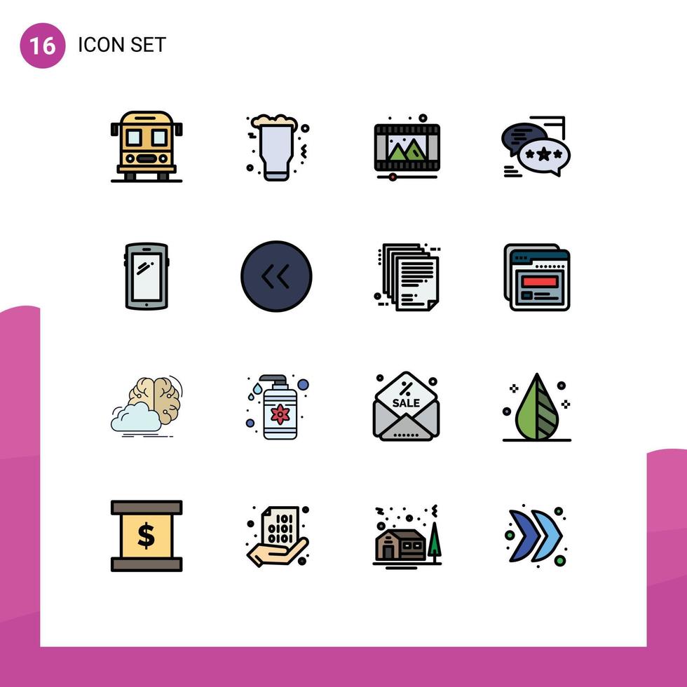 conjunto de pictogramas de 16 linhas simples preenchidas com cores planas de mensagens telefônicas reproduz elementos de design de vetores criativos editáveis de texto explicativo