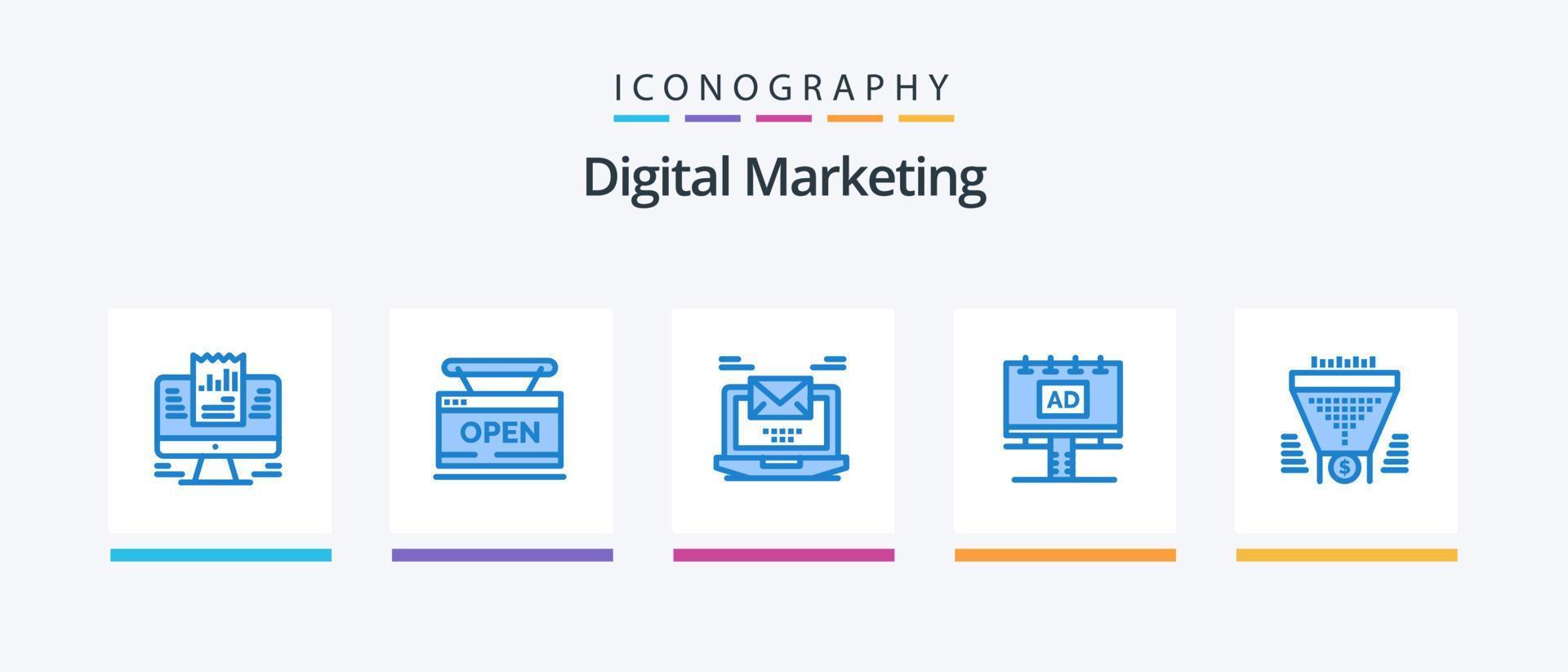 pacote de ícones azul 5 de marketing digital, incluindo banner. de Anúncios. rede. computador portátil. correspondência. design de ícones criativos vetor