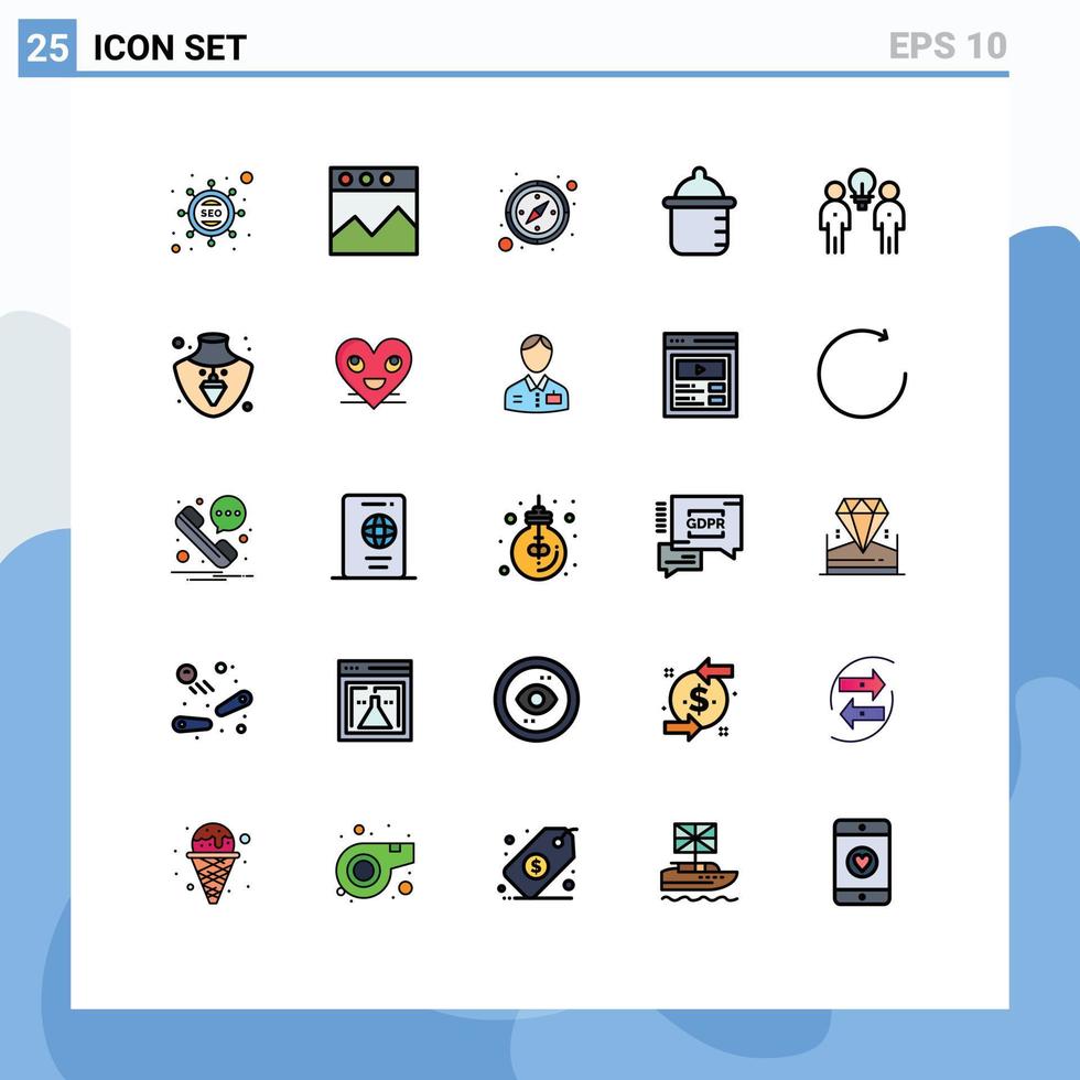 pacote de interface do usuário de 25 cores planas de linha preenchida básica de trabalho em equipe ideia de direção de pessoas infantil elementos de design de vetores editáveis