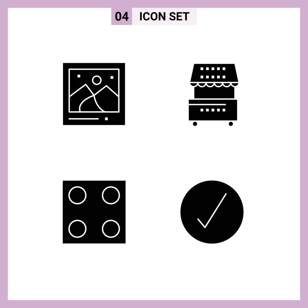 4 ícones criativos, sinais e símbolos modernos da câmera eletroimagem, fogão de comida, elementos de design de vetores editáveis