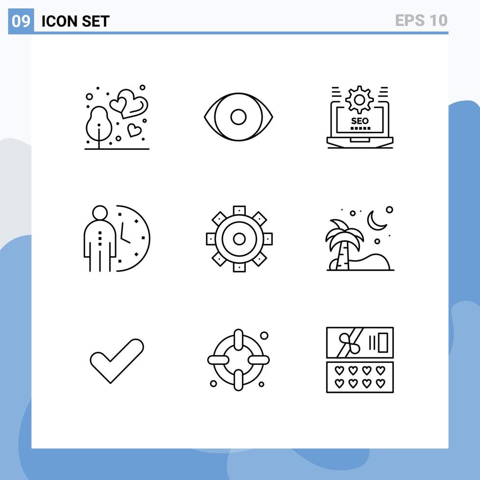 grupo de símbolos de ícone universal de 9 contornos modernos de gerenciamento de pessoas configuração de prazo de seo elementos de design de vetores editáveis