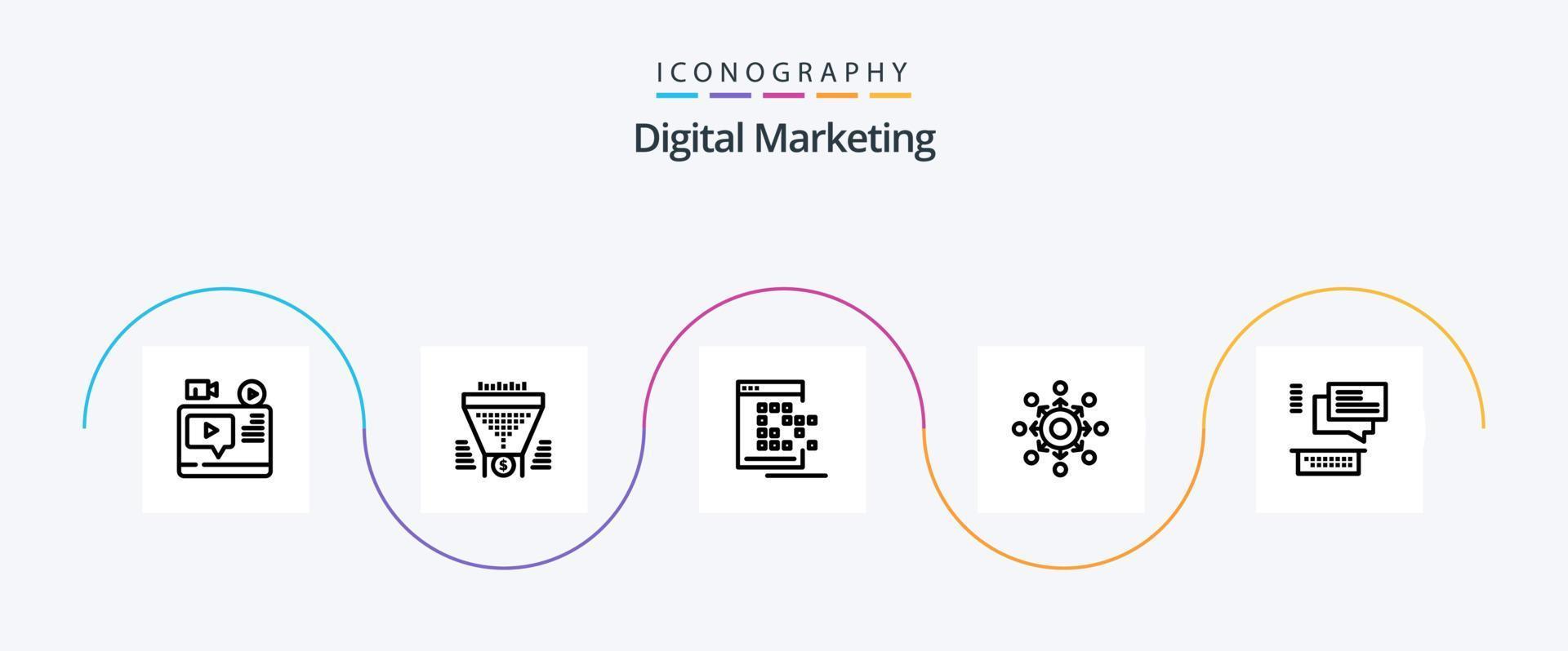 pacote de ícones da linha 5 de marketing digital, incluindo conectar. rede. dólar. registro. rede vetor