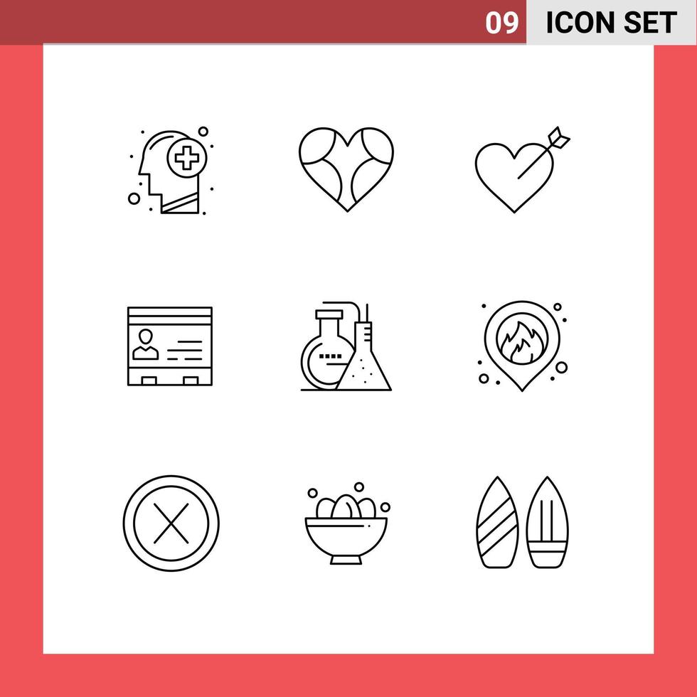 conjunto moderno de pictograma de 9 contornos de cartões de escritório como elementos de design de vetores editáveis de amor de negócios