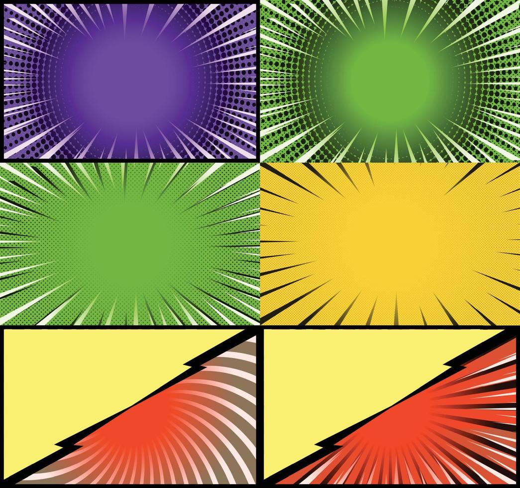 fundo de quadros coloridos de quadrinhos com raios de meio-tom radial e efeitos pontilhados estilo pop art vetor