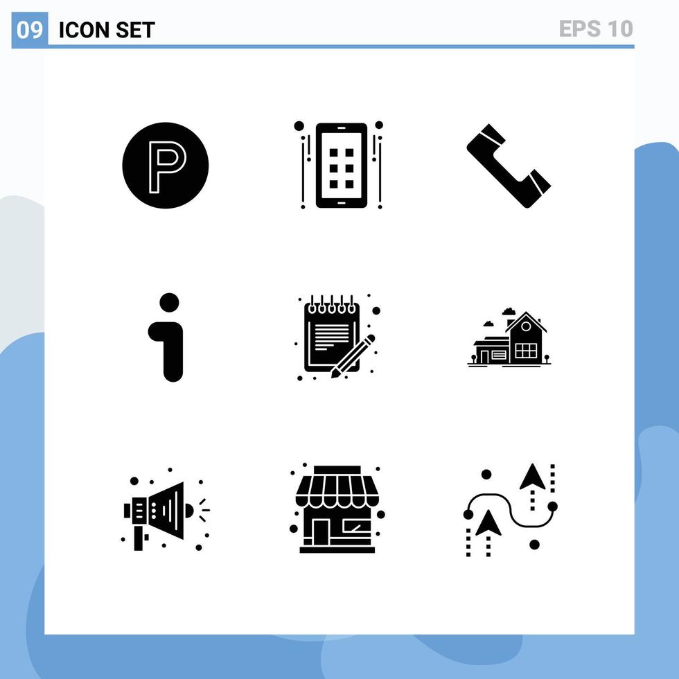 grupo de 9 sinais e símbolos de glifos sólidos para lista de papel, informações de interface de contato, elementos de design de vetores editáveis
