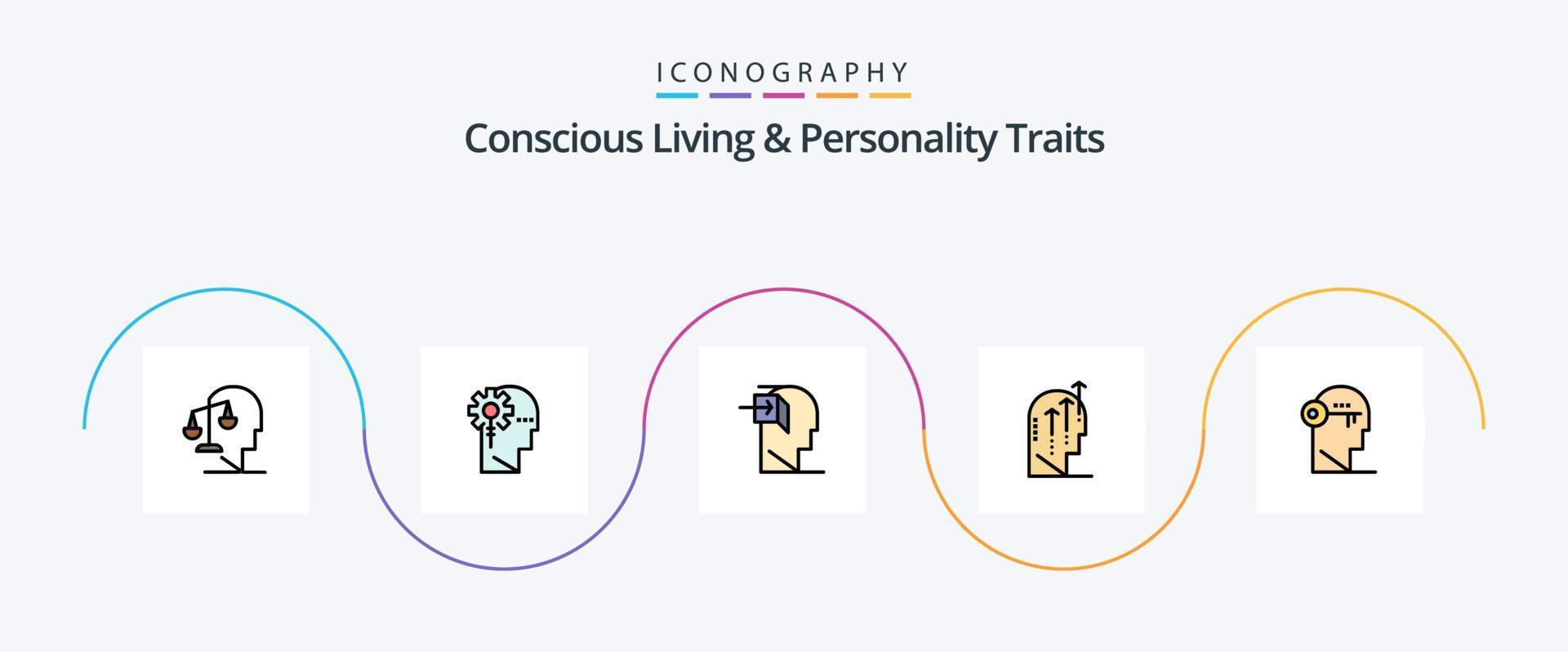 vida consciente e linha de traços de personalidade preenchida com 5 ícones planos, incluindo humano. emocional. em formação. mente. interno vetor