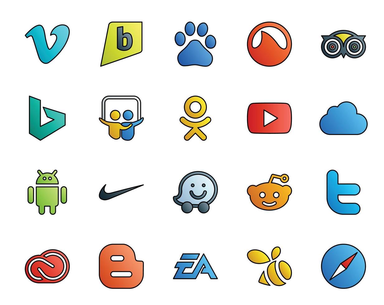 20 pacotes de ícones de mídia social, incluindo twitter waze slideshare nike icloud vetor